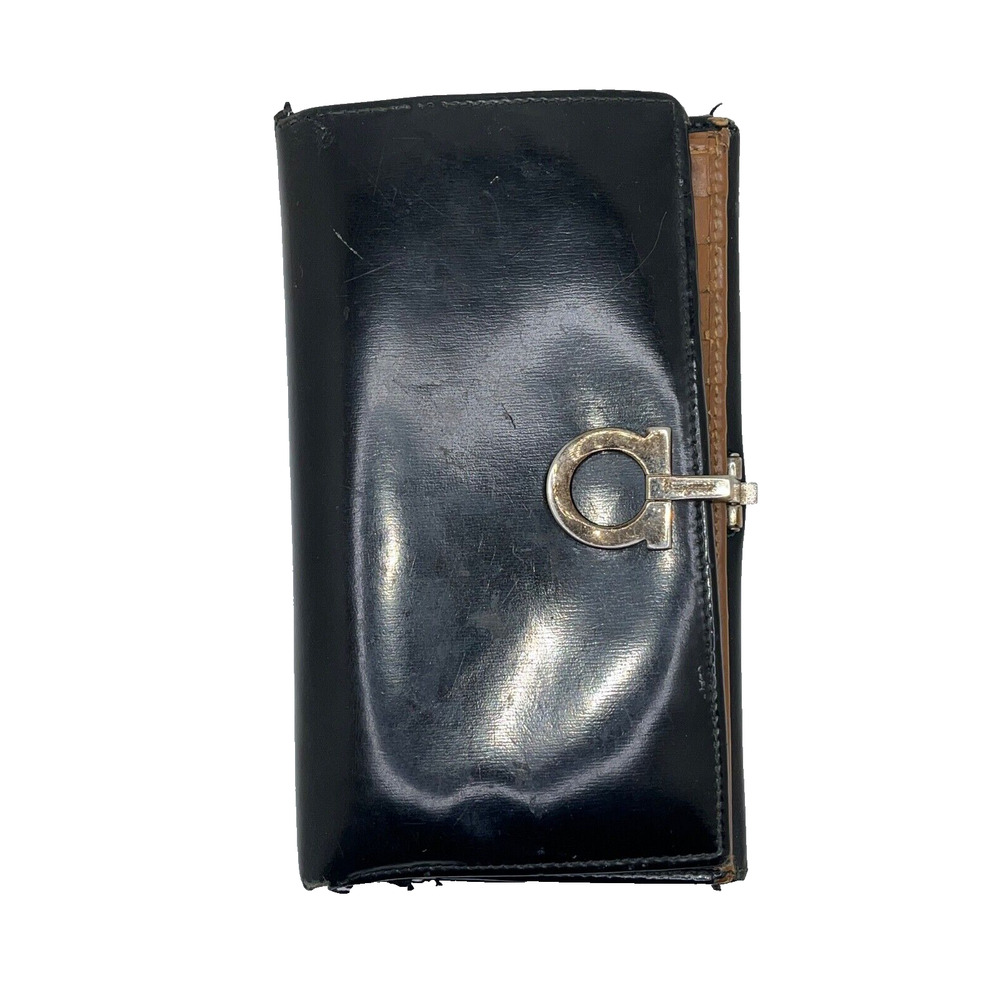 Salvatore Ferragamo Gancini Wallet Black Leather Silver Hardware Italy - Picture 2 of 10